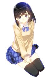 Rule 34 | 1girl, black hair, black thighhighs, blue eyes, bow, bowtie, highres, looking at viewer, nakamura takeshi, original, pleated skirt, school uniform, shoes, short hair, simple background, sitting, skirt, smile, solo, sweater, thighhighs, white background, zettai ryouiki