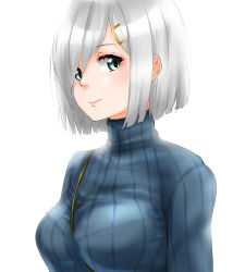 Rule 34 | 1girl, alternate costume, between breasts, blue sweater, blush, breasts, closed mouth, green eyes, grey hair, hair between eyes, hair ornament, hairclip, hamakaze (kancolle), highres, kantai collection, large breasts, long sleeves, looking at viewer, ribbed sweater, short hair, simple background, solo, strap between breasts, sweater, tama (tamago), turtleneck, turtleneck sweater, upper body, white background