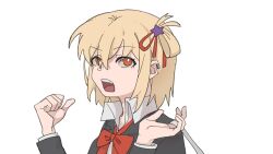 Rule 34 | 1girl, black jacket, blonde hair, bright pupils, chinese commentary, collared shirt, commentary request, earclip, hair ornament, hair ribbon, hands up, highres, jacket, long sleeves, looking at viewer, lycoris recoil, medium hair, nishikigi chisato, one side up, open mouth, orange eyes, red ribbon, ribbon, school uniform, shirt, simple background, solo, star (symbol), star hair ornament, upper body, white background, white pupils, white shirt, yanlingjinshilihuahua