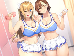 Rule 34 | 23 (real xxiii), 2girls, ;d, artificial vagina, asymmetrical docking, blonde hair, blue eyes, bow, breast press, breasts, brown eyes, brown hair, cameltoe, cheerleader, cleavage, clothes lift, collarbone, covered erect nipples, cowboy shot, dutch angle, hair bow, hair ornament, hairclip, highres, indoors, large breasts, long hair, lube, microskirt, midriff, multiple girls, navel, non-web source, one eye closed, open mouth, original, panties, pleated skirt, sex toy, short hair, sidelocks, skirt, skirt lift, smile, smirk, teeth, thigh gap, underwear, upper teeth only, white panties