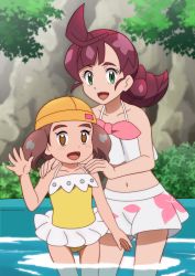 Rule 34 | 2girls, age difference, armpits, barefoot, bikini, bikini shorts, child, chloe (pokemon), collarbone, creatures (company), day, eyelashes, feet, female focus, fingernails, flat chest, floral print, game freak, green eyes, hair bun, hands on another&#039;s shoulders, happy, height difference, jinny (pokemon), legs, long hair, looking at viewer, midriff, multiple girls, nature, navel, neck, nintendo, official alternate costume, one-piece swimsuit, onomekaman, open mouth, outdoors, partially submerged, pokemon, pokemon (anime), pokemon journeys, pokemon swsh031, print bikini, red hair, shorts, sidelocks, single hair bun, smile, standing, swimsuit, thighs, water, white bikini, yellow one-piece swimsuit