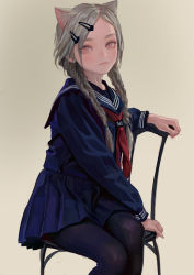 Rule 34 | 1girl, animal ears, artist name, blue shirt, blue skirt, braid, cat ears, cat girl, chair, closed mouth, feet out of frame, feiqizi (fkey), fkey, frown, grey hair, hair ornament, hair over shoulder, hairclip, long hair, long sleeves, looking at viewer, midriff, neckerchief, original, pantyhose, pleated skirt, red eyes, red neckerchief, school uniform, serafuku, shirt, simple background, sitting, skirt, skirt set, twin braids, twintails