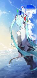 Rule 34 | 1girl, aqua hair, arms at sides, black skirt, black thighhighs, detached sleeves, english text, food, from behind, glitch, hatsune miku, highres, holding, holding food, jjan-uyu, long hair, looking to the side, miniskirt, outdoors, shirt, skirt, sleeveless, sleeveless shirt, solo, spring onion, thighhighs, twintails, vocaloid, water, white shirt, window (computing)