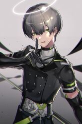Rule 34 | 1boy, alicecoco, arene (arknights), arknights, black gloves, black jacket, elbow gloves, gloves, green eyes, grey background, grey hair, halo, highres, holding, holding polearm, holding weapon, jacket, male focus, open mouth, polearm, short hair, short sleeves, solo, upper body, weapon