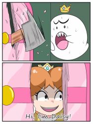 Rule 34 | 1girl, axe, blue eyes, crazy grin, crown, door, dress, earrings, flower earrings, ghost, here&#039;s johnny! (meme), highres, jewelry, king boo, kirihoshi, looking at another, luigi&#039;s mansion, mario (series), meme, nintendo, open mouth, orange dress, princess daisy, scared, super mario land, sweat, the shining
