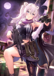 Rule 34 | 1girl, ahoge, animal ear fluff, animal ears, armpits, binoculars, black jacket, black nails, black pantyhose, black shirt, black skirt, breasts, closed mouth, commentary request, crop top, feet out of frame, foot up, full moon, fur-trimmed jacket, fur trim, grey eyes, gun, hair between eyes, hand up, highres, himonoata, holding, holding binoculars, holding gun, holding weapon, hololive, jacket, large breasts, lion ears, lion girl, long hair, looking at viewer, magazine (weapon), midriff, miniskirt, moon, nail polish, off shoulder, outdoors, pantyhose, purple scarf, scarf, shirt, shishiro botan, shishiro botan (1st costume), single leg pantyhose, skirt, sleeveless, sleeveless shirt, standing, star (sky), submachine gun, tail, torn clothes, torn pantyhose, trigger discipline, virtual youtuber, weapon, weapon request, white hair