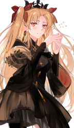 Rule 34 | 1girl, alternate costume, arlizi, black dress, blonde hair, blush, closed mouth, dress, earrings, ereshkigal (fate), ereshkigal (third ascension) (fate), fate/grand order, fate (series), flying sweatdrops, hair ribbon, highres, hoop earrings, jewelry, long hair, long sleeves, pantyhose, parted bangs, red eyes, ribbon, sideways glance, simple background, solo, sweat, tiara, two side up, white background, wide sleeves