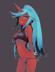 Rule 34 | 10s, 1girl, absurdres, ass, bare shoulders, blue hair, bracelet, breasts, breasts squeezed together, cleavage, colored skin, demon girl, eyelashes, fang, grabbing, grabbing another&#039;s breast, green eyes, haguruma, halterneck, highres, horns, jewelry, kneesocks (psg), navel, panties, panty &amp; stocking with garterbelt, panty pull, ponytail, red skin, simple background, single horn, small breasts, smile, sneer, solo, swimsuit, tank top, teeth, thighs, thong, underwear