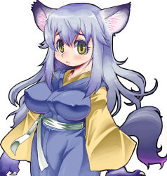 Rule 34 | 1girl, animal ears, belt, blue hair, blush, breasts, capcom, chinjuu hibakichi, claws, colored eyelashes, dog ears, gallon (vampire), gender request, genderswap, japanese clothes, kimono, large breasts, light purple hair, long hair, long sleeves, midnight bliss, nipples, sidelocks, solo, tail, vampire (game), werewolf, white background, wide sleeves, wolf ears, yellow eyes