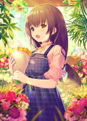 Rule 34 | 1girl, absurdres, blurry, blurry background, blurry foreground, blush, bouquet, brown eyes, brown hair, commentary request, day, depth of field, dress, flower, hair ribbon, highres, holding, holding bouquet, ikari (aor3507), indoors, long hair, open mouth, original, pinafore dress, pink shirt, plaid, plaid dress, plant, puffy short sleeves, puffy sleeves, purple dress, red flower, ribbon, shirt, short sleeves, sleeveless, sleeveless dress, solo, very long hair, window, yellow flower, yellow ribbon