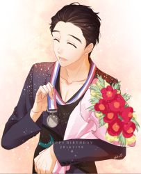 Rule 34 | 10s, 1boy, 2016, ^ ^, bad id, bad pixiv id, black hair, bouquet, closed eyes, dated, flower, happy birthday, himuka roko, katsuki yuuri, male focus, medal, open mouth, smile, solo, yuri!!! on ice