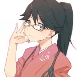 Rule 34 | 10s, 1girl, adjusting eyewear, black hair, blue eyes, blush, glasses, houshou (kancolle), japanese clothes, kantai collection, looking at viewer, personification, ponytail, smile, solo, touryou, white background