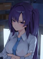 Rule 34 | 1girl, blue archive, blue necktie, blurry, blurry background, blush, closed mouth, collared shirt, condom, condom wrapper, crossed arms, halo, highres, holding, indoors, long hair, long sleeves, looking at viewer, mechanical halo, necktie, purple eyes, purple hair, shirt, solo, two side up, unfinished, upper body, white shirt, yohwa, yuuka (blue archive)