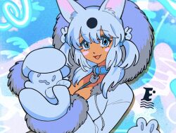 1girl animal_collar blue_eyes breasts collar commentary_request commission dog_girl drawstring fur-trimmed_hood fur_trim holding hood hood_up inuha_dog_wave large_breasts long_hair long_sleeves looking_at_viewer mittens open_mouth original skeb_commission solo two_side_up white_hair