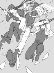 Rule 34 | 3boys, action, akai shuuichi, amuro tooru, arms up, beanie, boots, briefcase, clenched teeth, collared shirt, dark-skinned male, dark skin, dress shirt, expressionless, formal, greyscale, gun, handgun, hat, hat loss, unworn hat, unworn headwear, hnz0926, holding, holding briefcase, jacket, jumping, landing, long hair, long sleeves, looking at viewer, male focus, meitantei conan, midair, midriff peek, monochrome, multiple boys, off shoulder, open clothes, open jacket, open mouth, pants, rifle, scotch (meitantei conan), shards, shirt, shoe soles, shoes, short hair, simple background, sleeves rolled up, sniper rifle, suit, teeth, very long hair, weapon