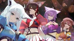 4girls absurdres ahoge animal_ears black_hair blue_eyes brown_eyes brown_hair cat_ears cine_(wazd0183) crop_top dog_ears fox_ears glowstick heart heart_hands highres hololive hololive_gamers inugami_korone jacket midriff multiple_girls navel necktie nekomata_okayu one_eye_closed ookami_mio purple_eyes sailor_collar shirakami_fubuki skirt smile virtual_youtuber white_hair white_skirt wolf_ears