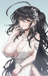 Rule 34 | 1girl, absurdres, ahoge, azur lane, backless dress, backless outfit, bare shoulders, black hair, blue background, breasts, center opening, cleavage, cocktail dress, dress, earrings, evening gown, gradient background, hair between eyes, hair ornament, hair strand, highres, jewelry, kongbai huanxiang, large breasts, long hair, looking at viewer, necklace, official alternate costume, parted lips, plunging neckline, red eyes, sleeveless, sleeveless dress, solo, taihou (azur lane), taihou (temptation on the sea breeze) (azur lane), white dress