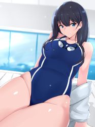 Rule 34 | 1girl, absurdres, bare arms, black hair, blue eyes, blue one-piece swimsuit, breasts, closed mouth, collarbone, competition swimsuit, covered navel, goggles, goggles around neck, gridman universe, hair between eyes, highres, jacket, looking at viewer, maruyaa (malya1006), medium breasts, one-piece swimsuit, pool, poolside, sidelocks, smile, solo, ssss.gridman, swimsuit, swimsuit under clothes, takarada rikka, thighs, water, white jacket
