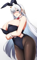 Rule 34 | 1girl, absurdres, alternate breast size, anastasia (fate), animal ears, areola slip, bare shoulders, black leotard, blue eyes, blush, breasts, brown pantyhose, cleavage, covered navel, crossed arms, detached collar, fake animal ears, fate/grand order, fate (series), hair over one eye, hairband, highres, kusahagane, large breasts, leotard, long hair, looking at viewer, open mouth, pantyhose, playboy bunny, rabbit ears, silver hair, simple background, solo, thighs, very long hair, white background, wrist cuffs
