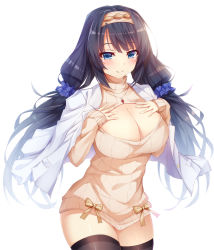 Rule 34 | 1girl, black hair, black thighhighs, blue eyes, blush, breast suppress, breasts, cleavage, cleavage cutout, clothing cutout, female focus, hair ornament, hair tubes, hairband, highres, large breasts, long hair, long twintails, looking at viewer, miniskirt, simple background, skirt, smile, solo, standing, sweater, thighhighs, thighs, twintails, white background, yuxian youka