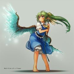 Rule 34 | 1girl, alternate wings, barefoot, blue eyes, blush, daiyousei, feathers, feet, female focus, flower, full body, green hair, grey background, holding, long hair, looking up, pointy ears, sachito, side ponytail, simple background, skirt, solo, standing, tiptoes, touhou, wind, wings