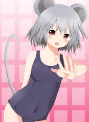 Rule 34 | 1girl, absurdres, animal ears, bad id, bad pixiv id, blush, covered navel, grey hair, highres, masa masa, mouse ears, mouse tail, nazrin, one-piece swimsuit, red eyes, school swimsuit, short hair, solo, sweatdrop, swimsuit, tail, touhou