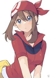 Rule 34 | 1girl, bandana, blue eyes, blush, breasts, brown hair, closed mouth, collared shirt, commentary, creatures (company), eyelashes, fanny pack, game freak, hair between eyes, highres, looking at viewer, may (pokemon), medium breasts, nintendo, pokemon, pokemon rse, red bandana, red shirt, ririmon, shirt, short sleeves, simple background, solo, white background, yellow bag