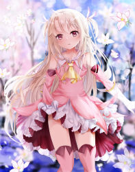 Rule 34 | 1girl, ascot, bare shoulders, blurry, blurry background, blush, boots, commentary request, depth of field, detached sleeves, elbow gloves, fate/kaleid liner prisma illya, fate (series), feather hair ornament, feathers, flower, gloves, hair between eyes, hair ornament, head tilt, highres, illyasviel von einzbern, light brown hair, long hair, long sleeves, looking at viewer, mutang, parted lips, pink feathers, pink footwear, pink shirt, pink sleeves, pink thighhighs, pleated skirt, prisma illya, red eyes, shirt, skirt, sleeveless, sleeveless shirt, solo, thigh boots, thighhighs, two side up, very long hair, white flower, white gloves, white skirt, yellow ascot