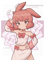 Rule 34 | 1girl, animal ears, blush, bow, bow skirt, breasts, closed mouth, commentary, commission, cowboy shot, dancer rabbit, english commentary, floppy ears, floral print, grid background, hand on own hip, highres, looking at viewer, medium bangs, midriff, navel, orange eyes, pink hair, print shirt, rabbit and steel, rabbit ears, rabbit girl, red bow, rose print, shimejimee, shirt, shirt bow, short hair, skirt, skirt set, sleeve bow, small breasts, smile, solo, split mouth, strapless, strapless shirt, twitter username, v, white shirt, white skirt