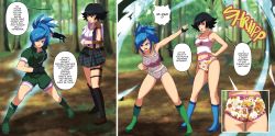 Rule 34 | 2girls, accidental exposure, animal, animal ears, aqua eyes, aqua hair, armpits, ass, bear ears, before and after, black hair, breasts, camisole, capcom, collarbone, collared shirt, crossover, day, devil may cry (series), english text, euf-dreamer, eyelashes, fighting stance, fingernails, forest, full body, hand on own hip, heterochromia, highres, humor, lady (devil may cry), legs, leona heidern, long hair, looking at another, matching hair/eyes, medium breasts, midriff, miniskirt, multiple girls, multiple views, nature, navel, neck, open mouth, outdoors, outstretched arms, panties, ponytail, print camisole, print panties, shiny clothes, shiny skin, shirt, short hair, short shorts, short sleeves, shorts, side bangs, sidelocks, skirt, snk, socks, sound effects, spread arms, spread legs, standing, talking, the king of fighters, thighs, tomboy, tree, two-tone camisole, underwear, underwear only, unworn clothes, unworn footwear, wardrobe malfunction, white camisole, white shirt, wide ponytail