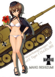Rule 34 | 10s, 1girl, absurdres, bikini, black hat, black jacket, blunt bangs, breasts, brown eyes, brown hair, character name, cleavage, collarbone, flower, girls und panzer, groin, hair between eyes, hand on own hip, hat, hibiscus, high heels, highres, holding, jacket, looking at viewer, medium breasts, military, military hat, military vehicle, motor vehicle, nishizumi maho, open clothes, open jacket, red flower, short hair, side-tie bikini bottom, smile, solo, standing, swimsuit, tank, tiger i, white background, white bikini