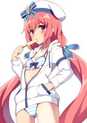 Rule 34 | 1girl, acapulco (mist train girls), beret, bikini, breasts, collarbone, cowboy shot, eating, food, hair ribbon, hand in pocket, hat, highres, jacket, long hair, long sleeves, looking at viewer, low twintails, mist train girls, open clothes, open jacket, partially unzipped, pink eyes, pink hair, popsicle, ribbon, simple background, small breasts, solo, string bikini, striped bikini, striped clothes, swimsuit, twintails, very long hair, white background, white bikini, white hat, white jacket, yuuki yuu