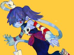 Rule 34 | 1girl, blue hair, blue skin, colored skin, detached collar, detached sleeves, dress, highres, leviathan (skullgirls), looking down, red eyes, side ponytail, skullgirls, solo, squigly (skullgirls), stitched mouth, stitches, striped legwear, yellow background, zombie