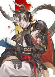 Rule 34 | 1boy, arknights, black gloves, black hair, chong yue (arknights), closed mouth, commentary request, dragon boy, dragon horns, dragon tail, earrings, gloves, hahaha77324, hair between eyes, highres, holding, horns, jewelry, looking at viewer, male focus, multicolored hair, pants, pointy ears, red eyes, sitting, smile, solo, streaked hair, tail, thick eyebrows, white hair, white pants