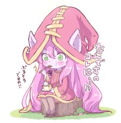 Rule 34 | 1girl, akira b, blush, brown footwear, brown pantyhose, closed mouth, colored skin, commentary request, ears through headwear, food, green eyes, hair between eyes, hat, holding, holding plate, holding spoon, league of legends, long hair, long sleeves, lulu (league of legends), mushroom, pantyhose, pink hair, pix (league of legends), plate, pudding, purple hat, purple robe, purple skin, robe, sitting, spoon, translation request, tree stump, very long hair, whipped cream, wide sleeves, witch hat, wooden spoon, yordle