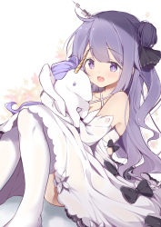 Rule 34 | 1girl, :d, absurdres, ahoge, azur lane, bare shoulders, black bow, black ribbon, blush, bow, commentary request, criss-cross halter, dress, elbow gloves, gloves, hair bun, hair ornament, hair ribbon, halterneck, highres, long hair, looking at viewer, hugging object, one side up, open mouth, purple eyes, purple hair, ribbon, shirosei mochi, side bun, single hair bun, single side bun, sitting, smile, solo, stuffed animal, stuffed pegasus, stuffed toy, stuffed unicorn, stuffed winged unicorn, thighhighs, unicorn (azur lane), very long hair, white dress, white gloves, white thighhighs