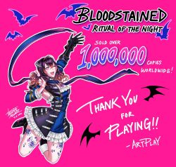 Rule 34 | 1girl, bat (animal), black hair, bloodstained: ritual of the night, blue eyes, gauntlets, gradient hair, hair between eyes, hair ornament, hand up, highres, miriam (bloodstained), multicolored hair, official art, one eye closed, pink background, solo, tattoo, vusc