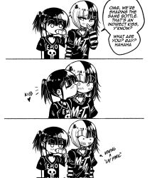 Rule 34 | 2girls, 3koma, blush, bottle, bracelet, choker, closed eyes, clothes writing, comic, commentary, corrupted twitter file, drinking, earrings, emo-girl (grs-), emo fashion, english commentary, english text, greyscale, grs-, heart, highres, holding, holding bottle, jewelry, kiss, kissing cheek, medium hair, metal-girl (grs-), monochrome, multicolored hair, multiple girls, no mouth, o o, original, print shirt, shirt, short ponytail, short sleeves, side ponytail, simple background, speech bubble, spiked bracelet, spikes, t-shirt, two-tone hair, white background, yuri