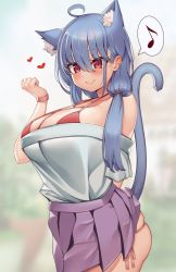 Rule 34 | 1girl, ahoge, animal ears, bare shoulders, blue hair, blurry, blurry background, blush, bra, breasts, cat ears, cat girl, cat tail, closed mouth, collarbone, cowboy shot, hair between eyes, highres, inconvenient tail, itsumi (kaptivate), kaptivate, large breasts, long hair, musical note, off shoulder, original, panties, pleated skirt, purple skirt, red bra, red eyes, shirt, shirt tucked in, short sleeves, side-tie panties, skirt, slit pupils, smile, solo, tail, underwear, watch, white shirt, wristwatch