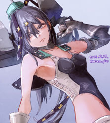 Rule 34 | absurdres, aqua headwear, black ribbon, black one-piece swimsuit, blue background, closed mouth, commentary request, competition swimsuit, dated, garrison cap, gloves, grey eyes, grey hair, hair ornament, hair ribbon, hat, headgear, highleg, highleg swimsuit, highres, holding, kantai collection, long hair, mitsu plus, one-piece swimsuit, ribbon, rigging, scamp (kancolle), side ponytail, star (symbol), star hair ornament, swimsuit, white gloves