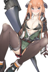 Rule 34 | 1girl, ankle boots, arknights, arm support, bagpipe (arknights), black bra, black footwear, black gloves, black thighhighs, blush, boots, bra, breasts, cleavage, closed mouth, commentary, dragon horns, ekuesu, full body, gloves, green jacket, gunlance, highres, horns, jacket, knees up, lance, large breasts, long hair, long sleeves, looking at viewer, miniskirt, orange hair, plaid, plaid skirt, polearm, pouch, purple eyes, red skirt, shirt, simple background, sitting, skirt, solo, thighhighs, torn clothes, torn shirt, torn thighhighs, underwear, very long hair, weapon, white background, white shirt, zettai ryouiki