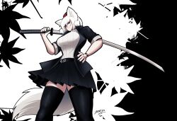 Rule 34 | 1girl, alternate costume, animal ears, black background, black nails, black shirt, black skirt, black thighhighs, breasts, closed mouth, commentary, english commentary, feet out of frame, fingernails, frown, hair between eyes, hat, highres, holding, holding sword, holding weapon, inubashiri momiji, katana, large breasts, leaf, long bangs, looking at viewer, maple leaf, open clothes, open shirt, pleated skirt, pom pom (clothes), red eyes, red hat, shirt, short hair, short sleeves, signature, skirt, solo, standing, striped clothes, striped shirt, sword, tail, thighhighs, tokin hat, touhou, two-tone background, vertical-striped clothes, vertical-striped shirt, watch, weapon, white background, white hair, white shirt, wolf ears, wolf tail, wristwatch, zedrin, zettai ryouiki