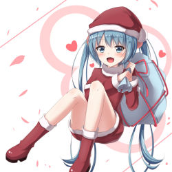 Rule 34 | 1girl, :d, akira (been0328), bad id, bad pixiv id, bag, blue eyes, blue hair, blush, boots, dress, fur trim, gift bag, hair between eyes, hair ornament, hat, hatsune miku, heart, holding, holding bag, long hair, open mouth, red dress, red footwear, red hat, santa boots, santa costume, santa hat, short dress, smile, solo, twintails, very long hair, vocaloid, white background