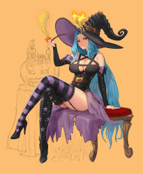 Rule 34 | 1girl, asymmetrical legwear, bare shoulders, belt, belt buckle, bench, black gloves, black hat, blue eyes, blue hair, breasts, buckle, candle, candle wax, cleavage, closed mouth, commentary, crossed legs, elbow gloves, eq (massar9103), fingerless gloves, full body, ghost, gloves, halloween, hat, hat belt, hat ornament, high heels, highres, holding, holding smoking pipe, jack-o&#039;-lantern, large breasts, long hair, looking at viewer, on bench, orange background, original, pumpkin, purple skirt, silk, sitting, sketch background, skirt, smoking pipe, solo, spider web, star (symbol), star print, striped clothes, striped thighhighs, thighhighs, uneven legwear, unfinished, very long hair, witch, witch hat