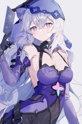 Rule 34 | 1girl, absurdres, bare shoulders, black gloves, black swan (honkai: star rail), breasts, card, cleavage, commentary, covered navel, detached sleeves, gloves, hand up, highres, holding, holding card, honkai: star rail, honkai (series), long hair, medium breasts, mokyuko, purple hair, purple sleeves, skin tight, solo, upper body