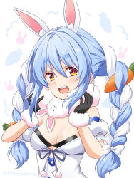 Rule 34 | 1girl, animal ear fluff, animal ears, black gloves, blue hair, braid, breasts, carrot, cleavage, commentary, don-chan (usada pekora), felutiahime, gloves, hair between eyes, highres, hololive, looking at viewer, medium breasts, multicolored hair, rabbit ears, simple background, solo, twin braids, two-tone hair, usada pekora, usada pekora (1st costume), virtual youtuber, white background, white hair, yellow eyes