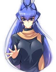 Rule 34 | 1girl, absurdres, anniversary, black sweater, blue eyes, breasts, brown scarf, cropped torso, haganef, highres, large breasts, long hair, looking at viewer, mitsurugi meiya, muv-luv, ponytail, scarf, smile, solo, sweater, waving, white background