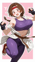 1girl blush bouncing_breasts braid braided_ponytail breasts brown_eyes brown_hair cleavage clenched_hands drowsy_sheep fingerless_gloves gloves headband heart highres japanese_clothes large_breasts leg_lift leg_up legs midriff navel ryuuko_no_ken snk solo spandex surprised tank_top teeth the_king_of_fighters thighs tongue wardrobe_malfunction yuri_sakazaki