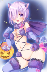 Rule 34 | 1girl, blush, breasts, cleavage, fate/grand order, fate (series), hair over one eye, halloween, highres, jack-o&#039;-lantern, light purple hair, looking at viewer, mash kyrielight, mash kyrielight (dangerous beast), medium breasts, navel, official alternate costume, open mouth, pumpkin, purple eyes, purple thighhighs, short hair, smile, solo, thighhighs, umitonakai