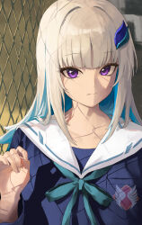 1girl absurdres alternate_costume art_mu blue_hair blue_neckerchief blue_shirt blunt_bangs chain-link_fence closed_mouth colored_inner_hair fence hair_ornament hairclip hand_up highres lize_helesta long_hair looking_at_viewer multicolored_hair neckerchief nijisanji purple_eyes sailor_collar shirt sidelocks solo upper_body virtual_youtuber white_hair white_sailor_collar